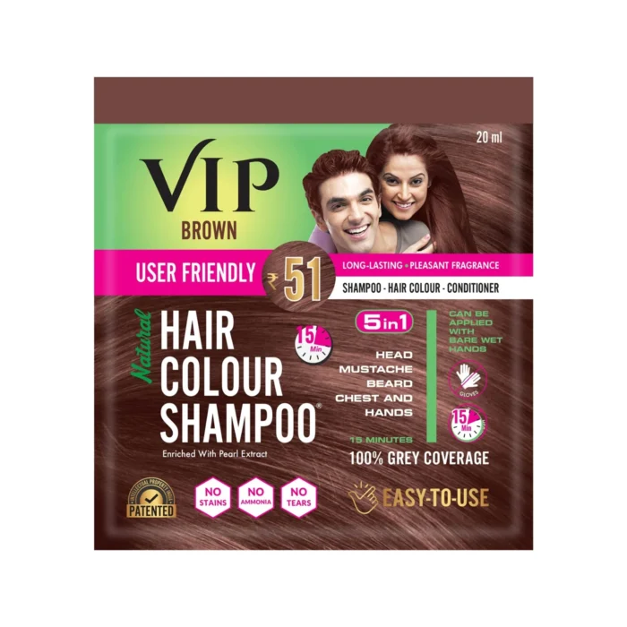 VIP Hair Colour Shampoo Brown, 20ML | Men & Women 100% Grey Coverage | Easy Hair Coloring in 15 Minutes | Ammonia-Free - Image 1