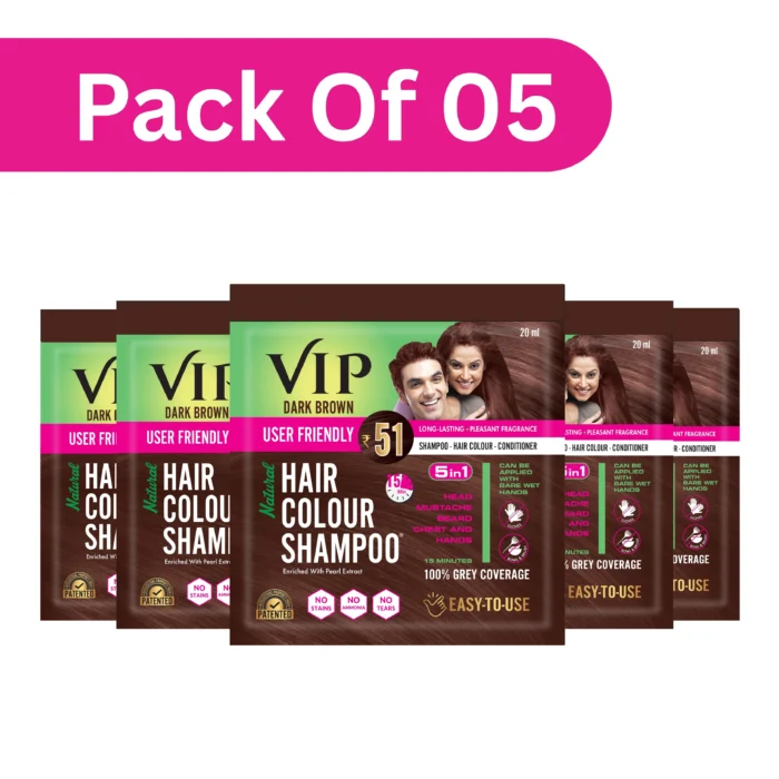 VIP Do-it -Yourself Hair Colour Shampoo, 20 ml (Pack of 5) I Travel Pack with pearl extracts I Colours in 15 Minutes, Dark Brown - Image 1