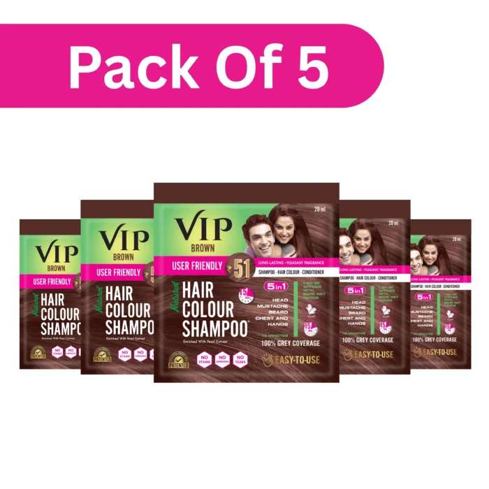 VIP Hair Colour Shampoo - Brown | Ammonia Free Hair Colour for Men and Women | 20ML (Pack of 5) - Image 1