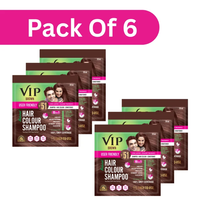 VIP Hair Colour Shampoo Brown 120ml (20ML, Pack of 6) | Men & Women 100% Grey Coverage | Easy Hair Coloring in 15 Minutes | Ammonia-Free - Image 1