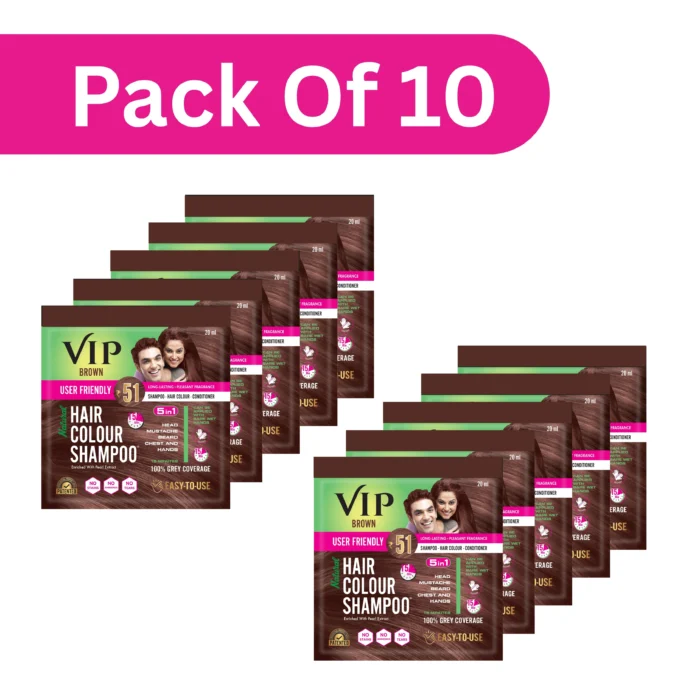 VIP Hair Colour Shampoo - Brown | Ammonia Free Hair Colour for Men and Women | 20ML (Pack of 10) - Image 1