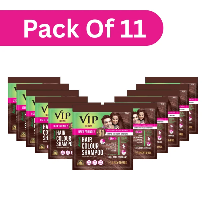 VIP Hair Colour Shampoo – Brown | Ammonia Free Hair Colour for Men and Women | 20ML (Pack of 11) - Image 1