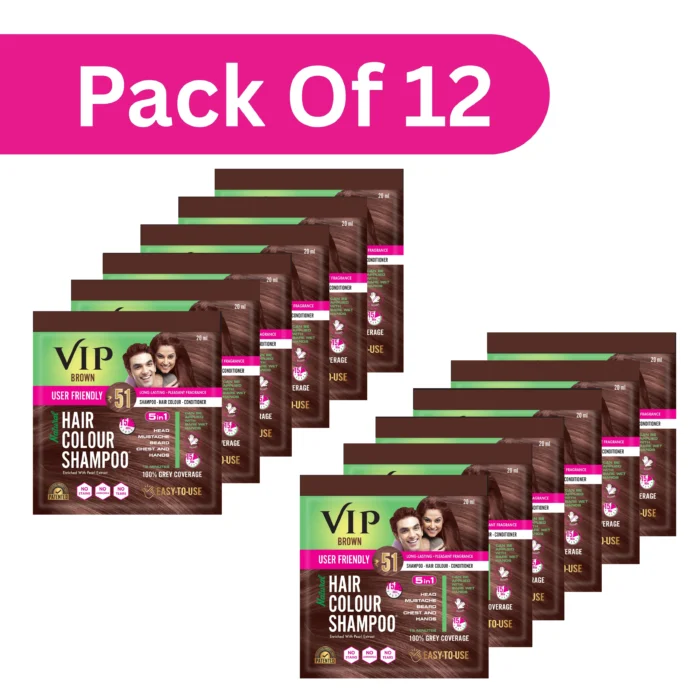 VIP Hair Colour Shampoo – Brown | Ammonia Free Hair Colour for Men and Women | 20ML (Pack of 12) - Image 1
