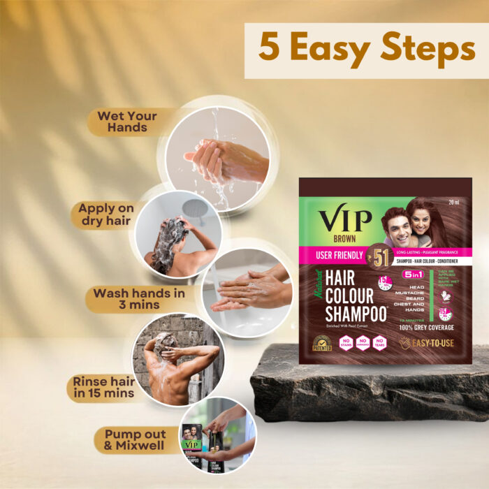 VIP Hair Colour Shampoo - Brown | Ammonia Free Hair Colour for Men and Women | 20ML (Pack of 10) - Image 6