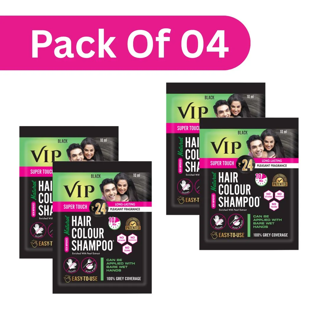 VIP 10ML Black (Pack of 4) VIP Hair Colour Shampoo, 100% grey coverage for men and women - Natural Black 10ml (Pack of 4) - Image 1