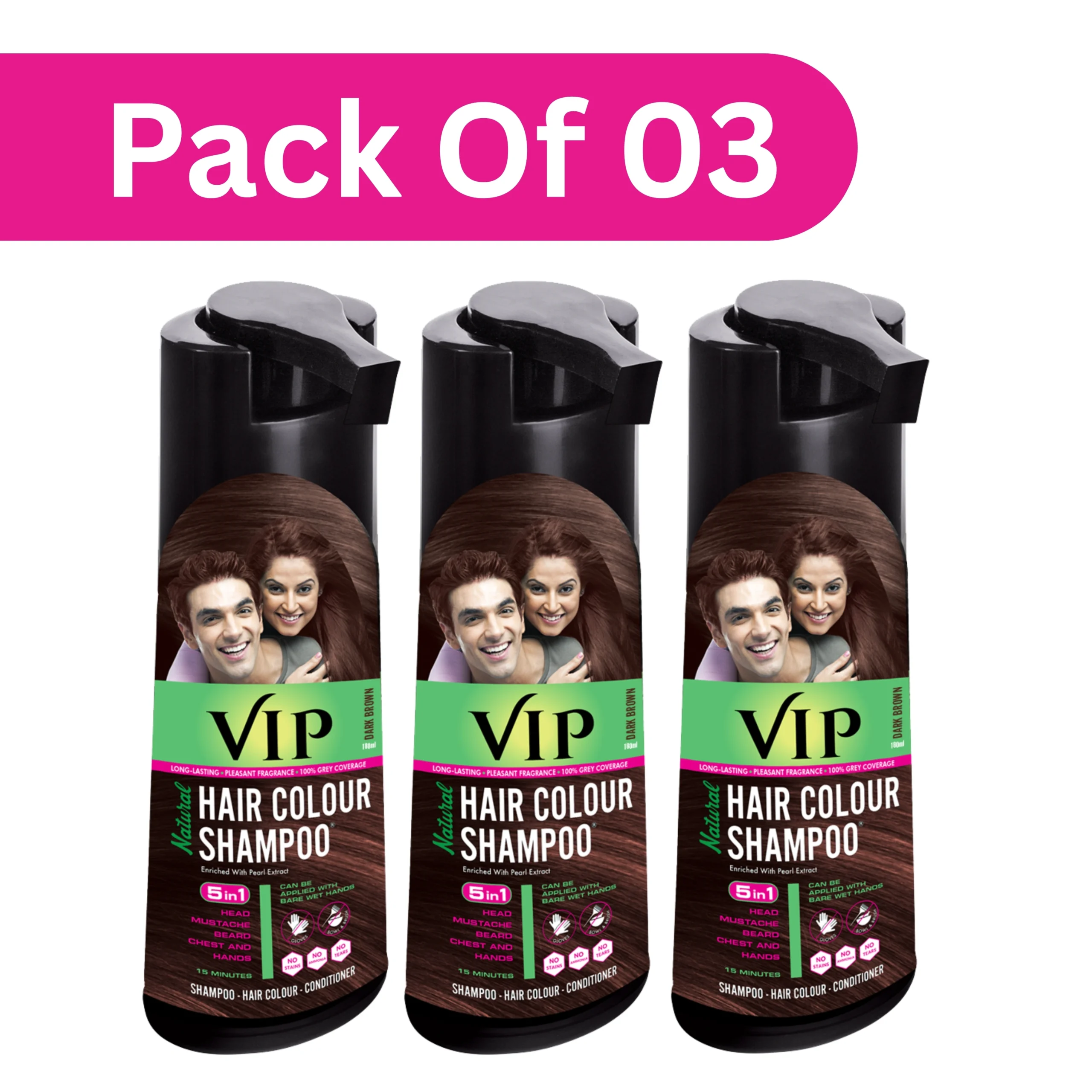 VIP 180ML Dark Brown (Pack of 3) VIP Dark Brown Hair Colour Shampoo for Men & Women 180ml (Pack of 3) | Grey Coverage in 15 Mins | Easy, Safe and stain free | Gentle Colour for Head, Mustache, Beard - Image 1