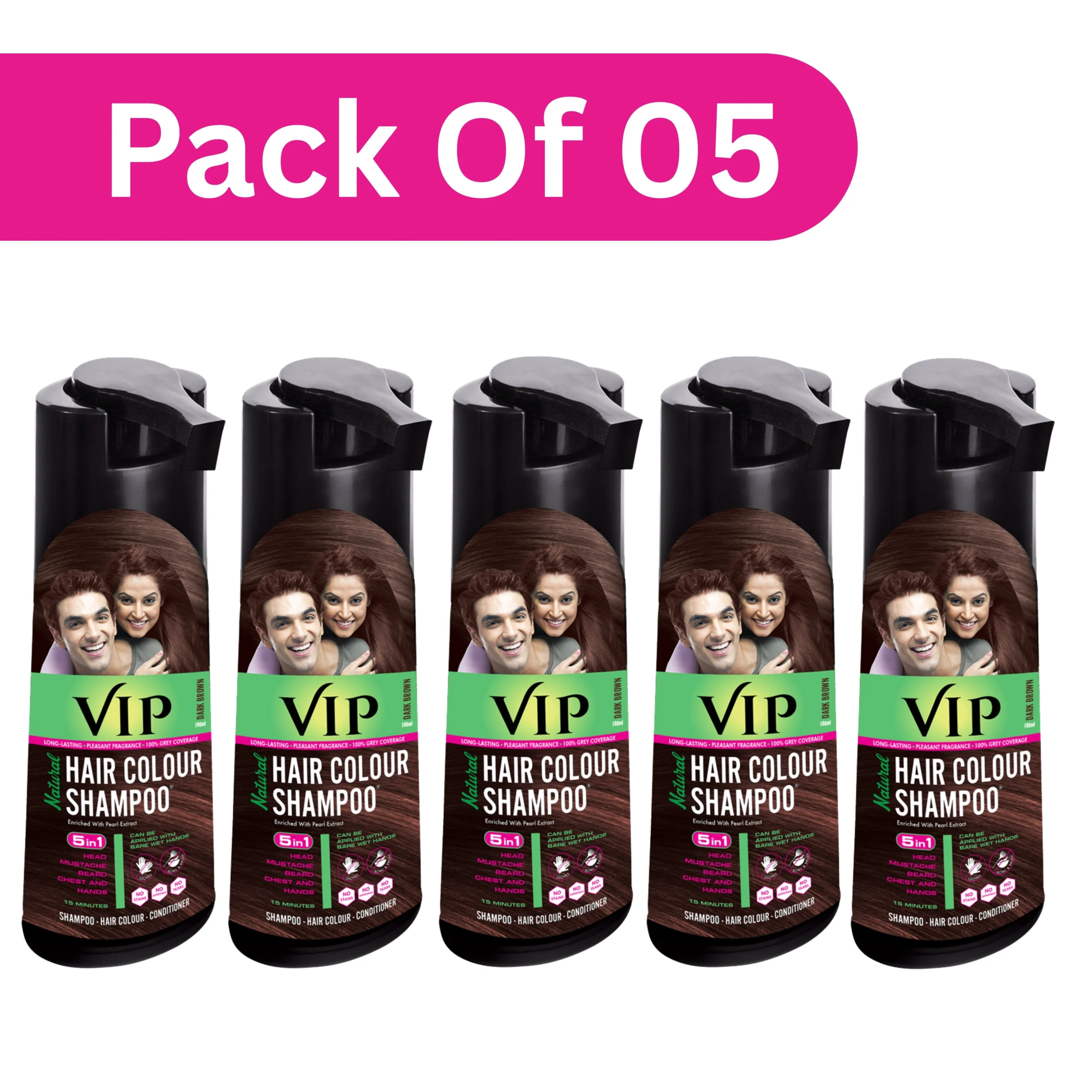 VIP 180ML Dark Brown (Pack of 5) VIP Hair Colour in Shampoo 180ml Dark Brown (Pack of 5) – Long Lasting Hair Colour for Men & Women | Home Hair Color Solution | Grey Coverage Shine - Image 1