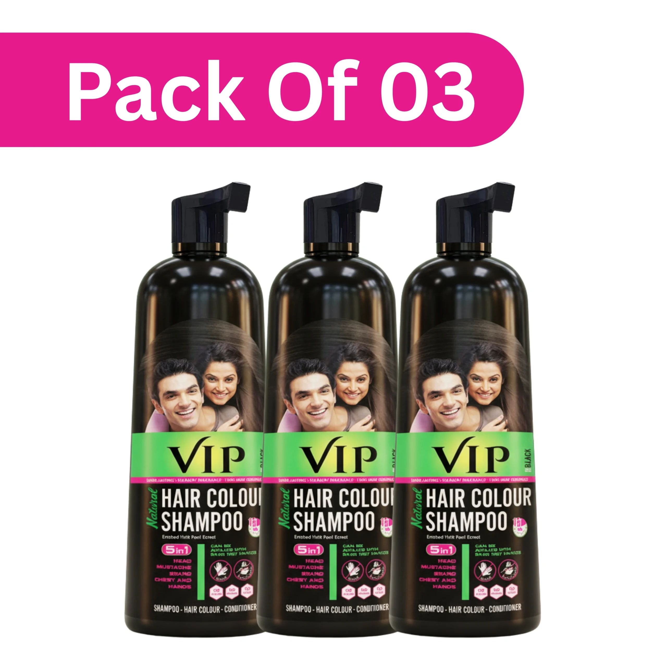 VIP 400ML Black (Pack of 3) VIP 3 IN 1 Hair colour shampoo for Men & Women 400ml Black (Pack of 3) | Ammonia Free Hair Colour | 100% Grey Coverage | 15 Min Action - Image 1