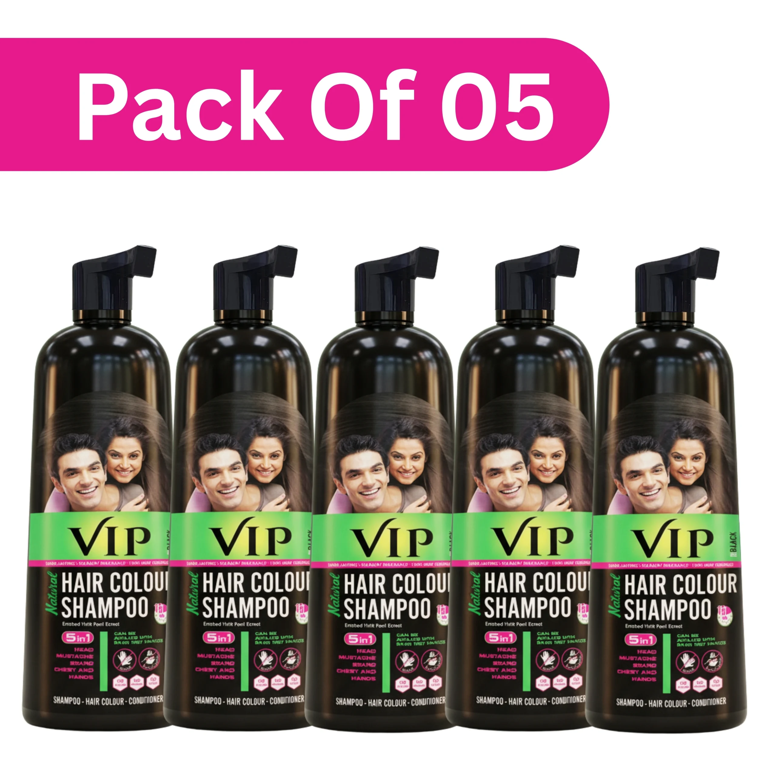 VIP 400ML Black (Pack of 5) VIP Natural Hair Color Shampoo, 400ml Black (Pack of 5)| Quick & Easy Gray Coverage | 3-in-1 Natural Hair Dye for Men & Women – No Ammonia | Soft, Shiny Hair in 15 Minutes, - Image 1