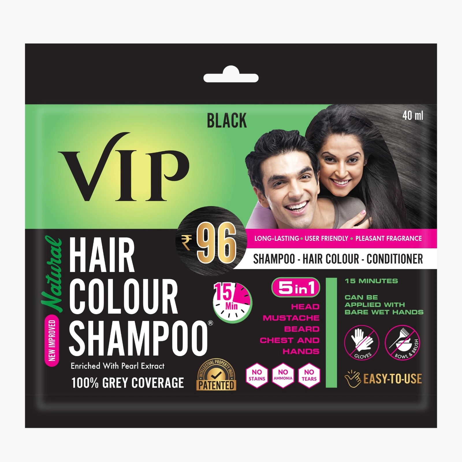 VIP 40ml Black VIP Hair Colour Shampoo Black, 40ML (Women's Pack) | Men & Women 100% Grey Coverage | Easy Hair Coloring in 10 Minutes | Ammonia-Free - Image 1